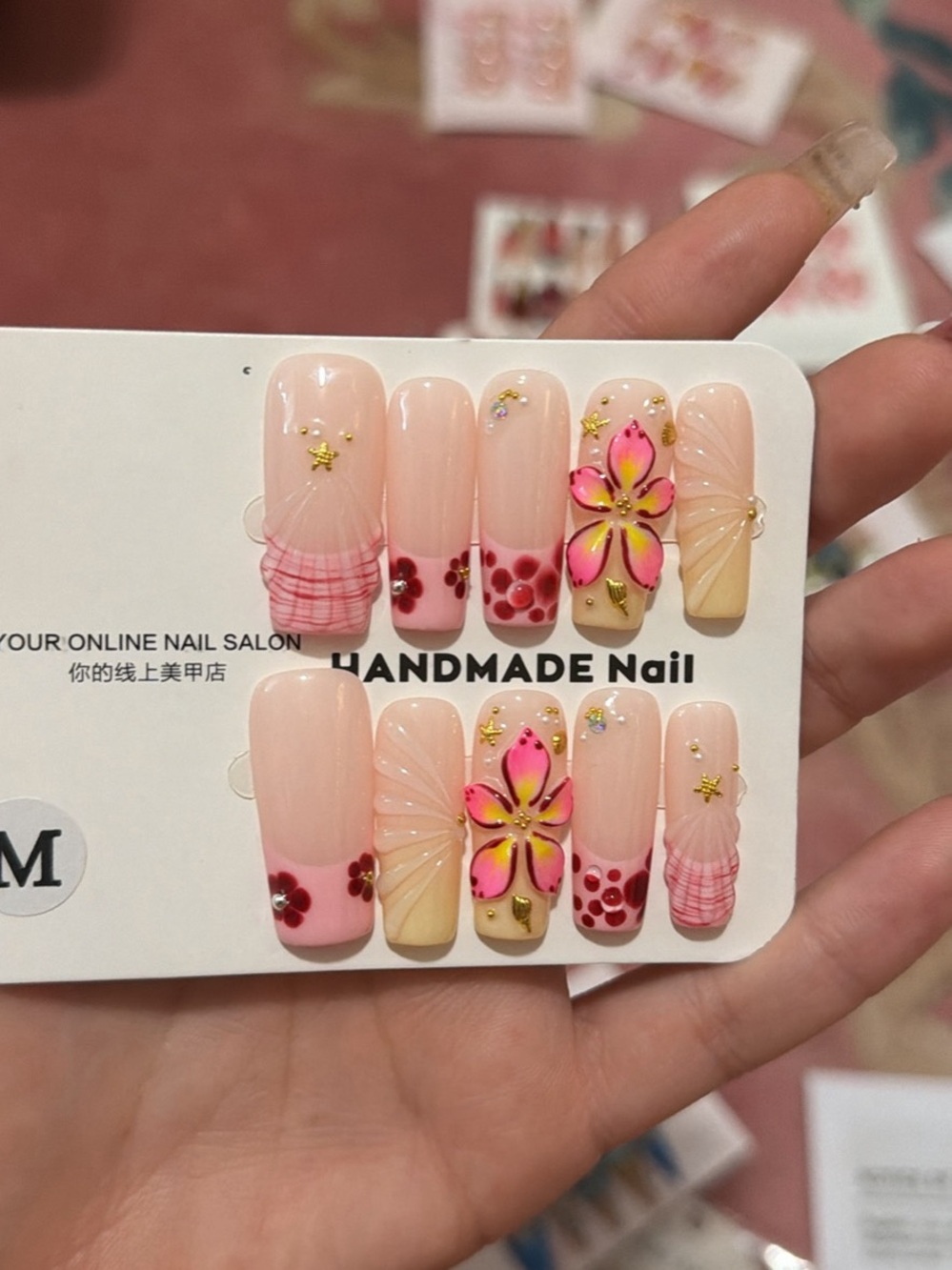 Handmade Pink Floral Press-On Nail Set